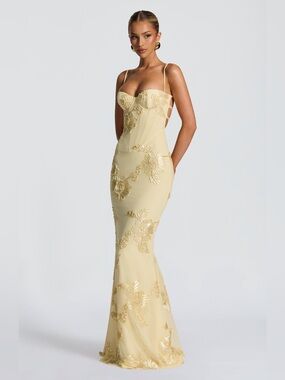 Babyboo Fashion "Nefertiti" Formal Maxi Dress Mesh Elegant Floral Lemon Yellow S